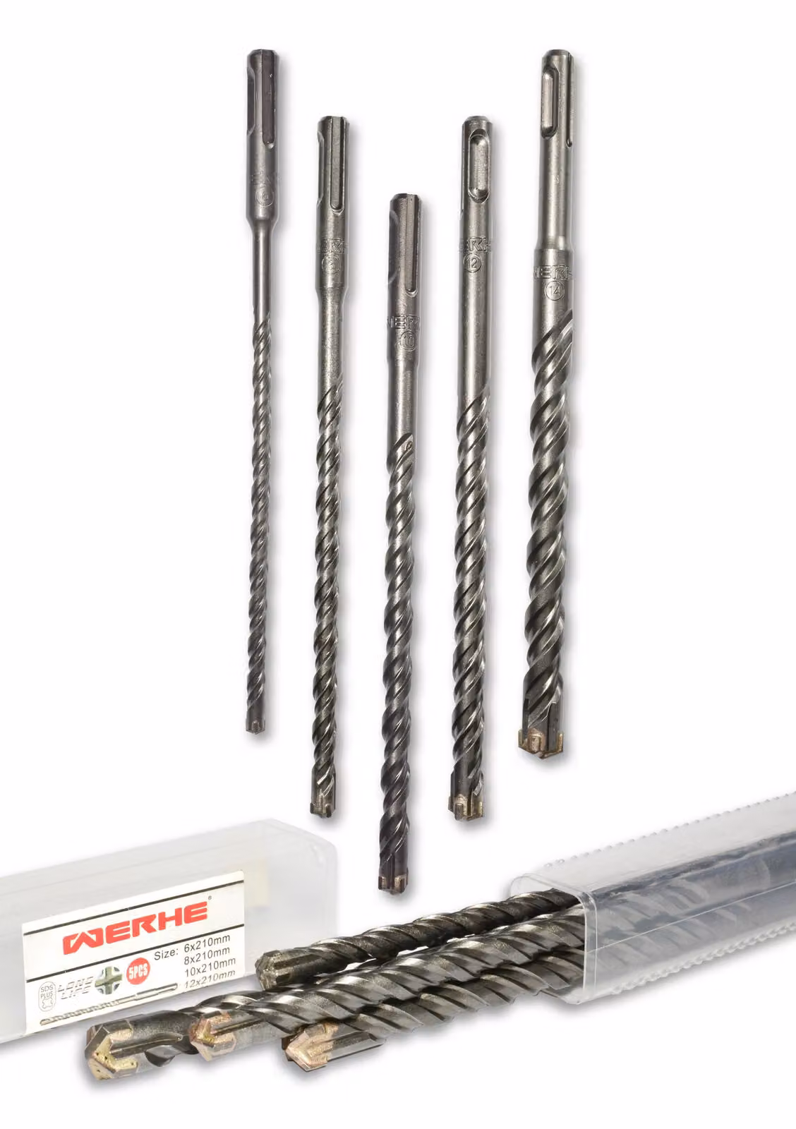 Set di punte a croce WERHE per calcestruzzo 6, 8, 10, 12, 14 x 210 mm SDS PLUS