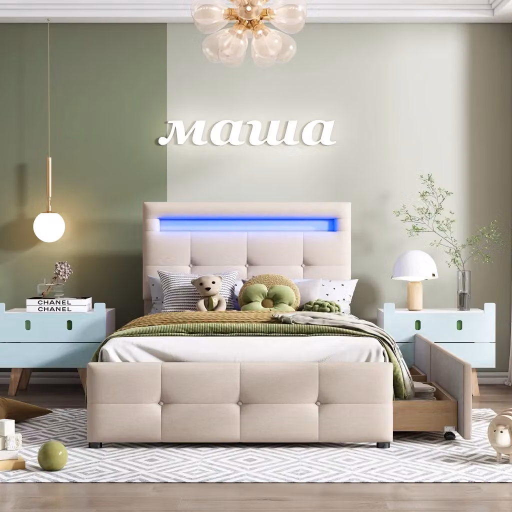 Letto imbottito KOMHTOM in tessuto beige con cassetti L/P/H: 90 x 200 cm – 2