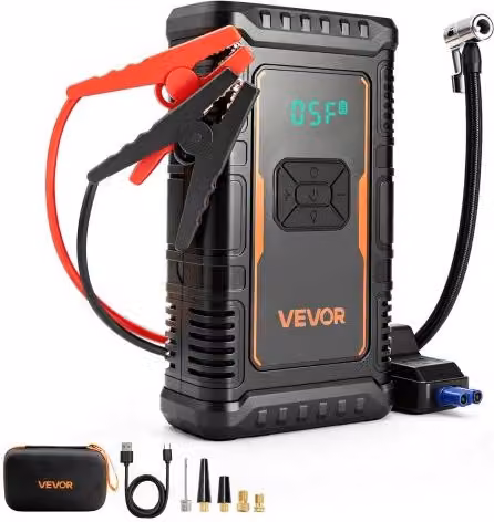 VEVOR Avviatore di Emergenza Compressore d'Aria 1600 A Picco con Torcia LED per Gonfiatore Pneumatici Portatile, 6,0 Litri a Benzina / 3,0 Litri Diesel, Spegnimento Automatico, Caricabatterie, 150 PSI