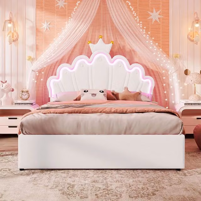 Letto matrimoniale-Xylo-140x200 cm-2 cassetti, LED, testiera corona, PU bianco