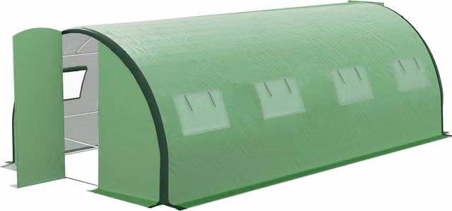 Serra da giardino a tunnel Outsunny verde da 18 m² con telaio in ferro zincato, 8 finestre e 2 porte a battente