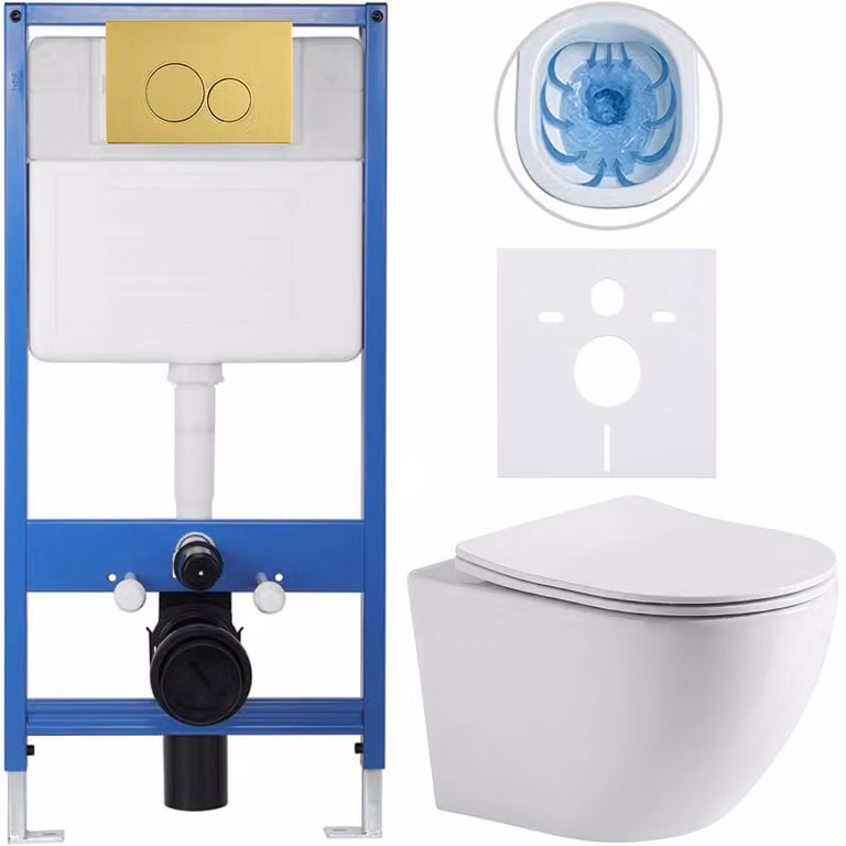 CERANO - Set completo per WC da incasso Lite/Verde - bianco lucido - pulsante WC Duo, dorato - installazione a parete - 49x36 cm