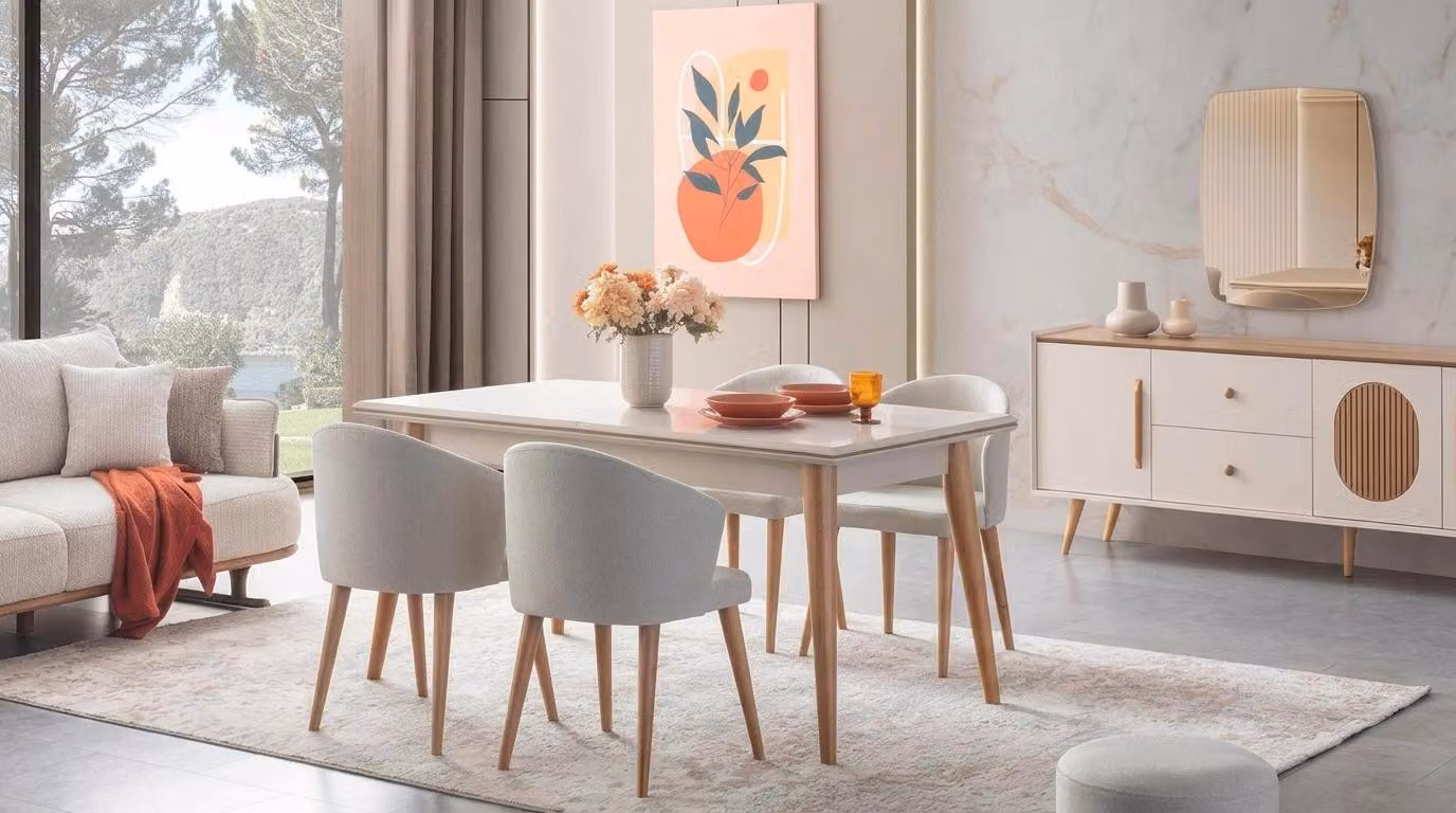 Set per sala da pranzo: tavolo da pranzo e 4 sedie, design moderno, colore beige, atmosfera accogliente, elegante e luminoso