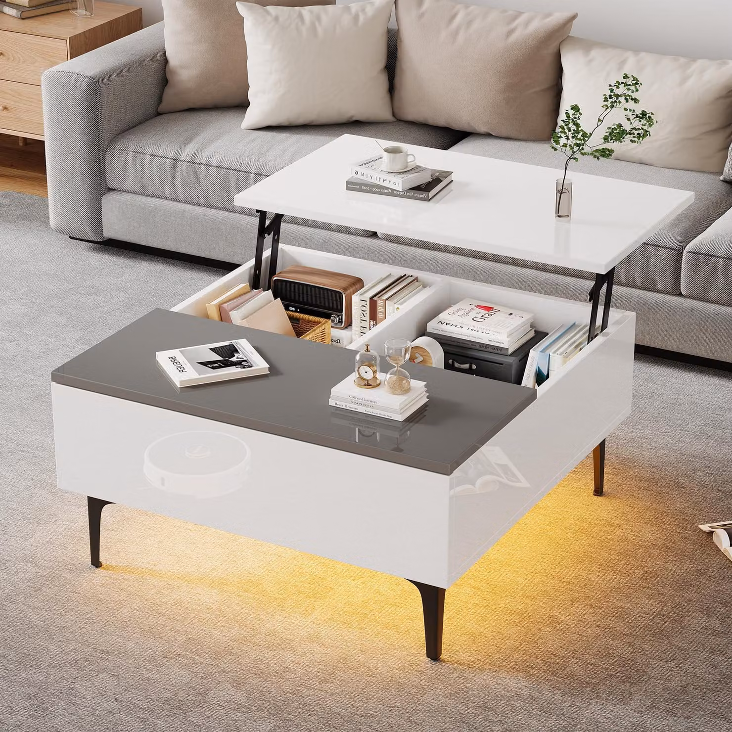 Tavolino da caffè 70x70x35 cm, tavolino con altezza regolabile e spazio contenitivo, realizzato in MDF bianco e grigio, con piano lucido, cassetto e illuminazione LED RGB controllabile tramite app