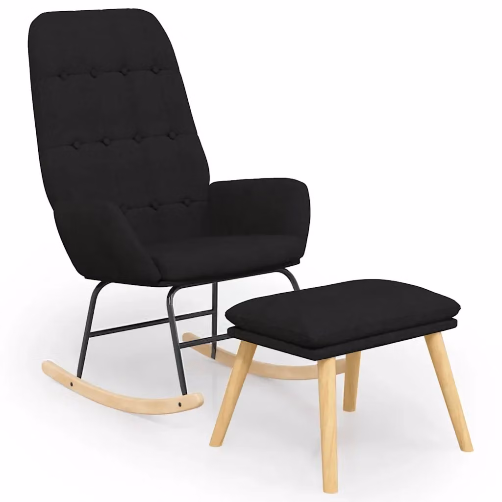 Poltrona a dondolo con poggiapiedi nera in tessuto e struttura in legno e metallo 278810 – 2