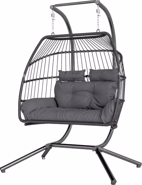 Sedia sospesa pieghevole con struttura, cestino sospeso con cuscino, in polyrattan, altalena sospesa ergonomica per 2 persone, sedia sospesa da