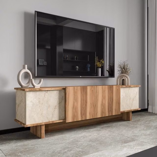 DMORA Mobile Porta TV Clusone con un Ripiano, Beige Marmo, L 180 cm x P 33 cm x H 50 cm