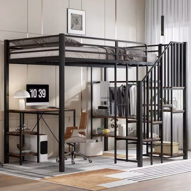 Letto a Castello in Ferro con Armadio e Scrivania ¨C MINIMAL ¨C Nero+Legno Vintage ¨C 120x200
