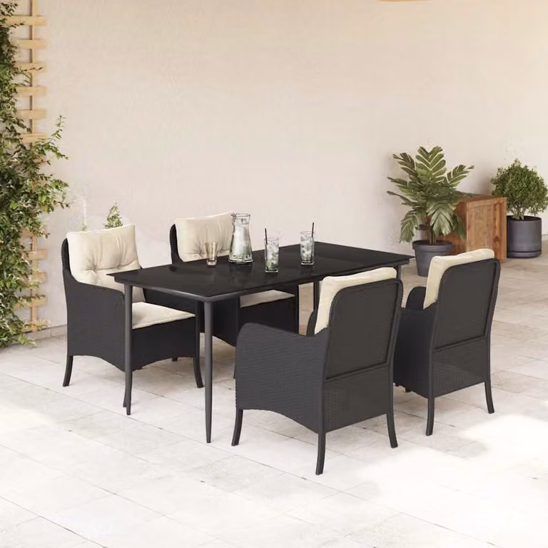 Set da Pranzo da Giardino vidaXL 5 pz in Polyrattan Nero con Piano in Vetro