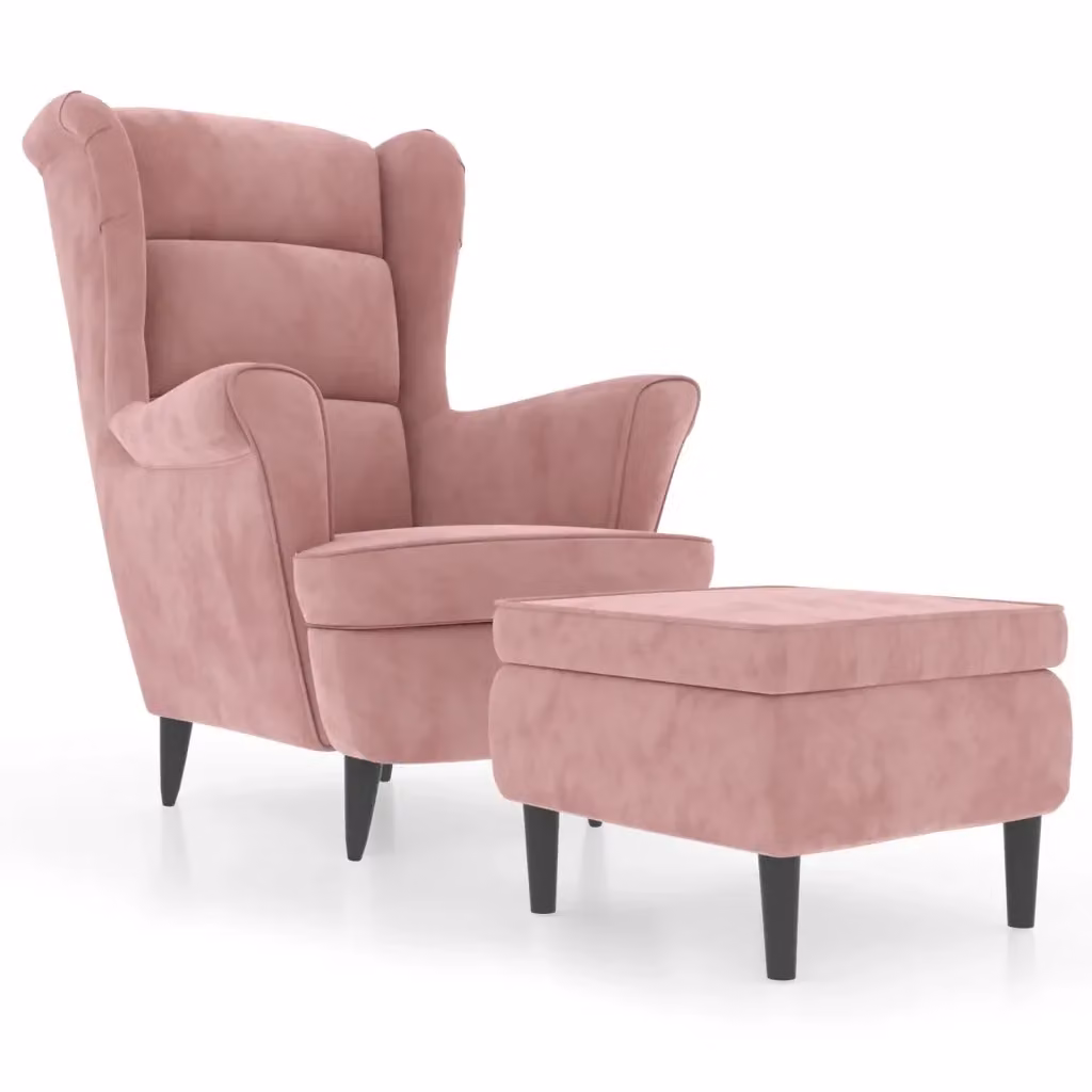 vidaXL Poltrona con Schienale ad Ala e Poggiapiedi in Velluto Rosa L: 96,5 cm, P: 78,0 cm, H: 90,0 cm – 2