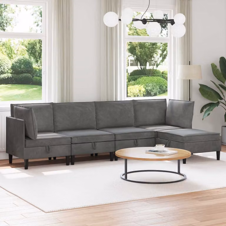 Set di mobili per il soggiorno vidaXL da 5 pezzi in velluto grigio con divano angolare a L, divano a 2 posti, pouf e cuscini coordinati