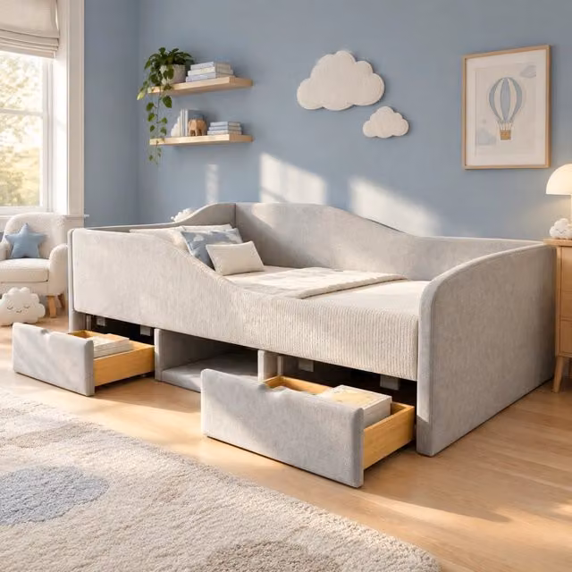 Letto imbottito per bambini 90×190 cm grigio con contenitore e sponde