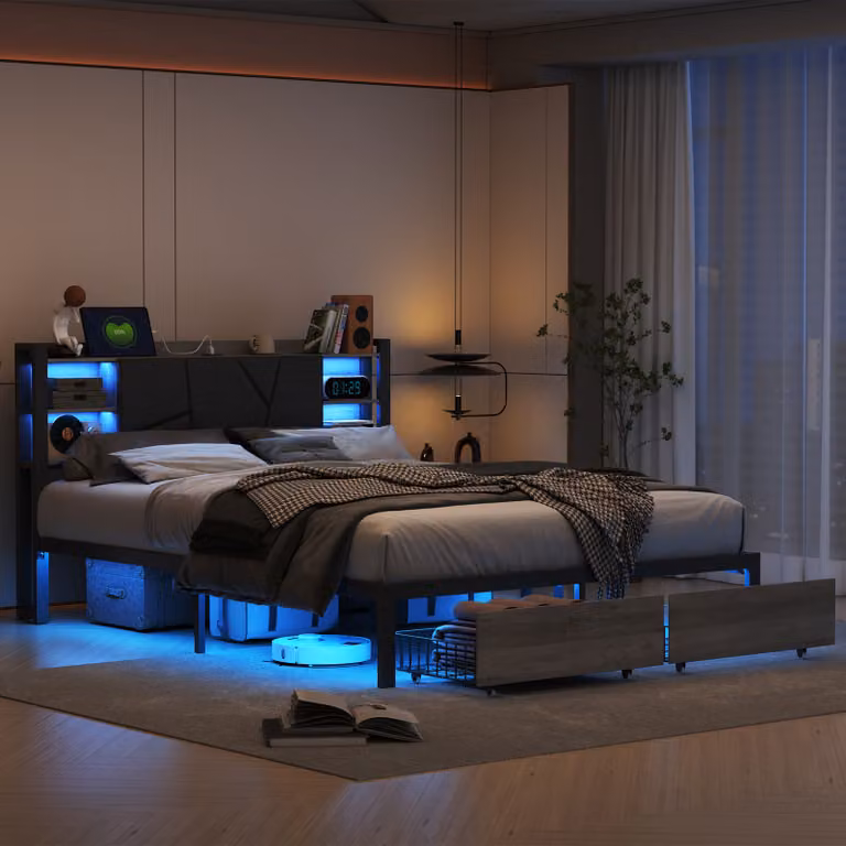 CDGlobal letto in metallo letto matrimoniale 160x200cm con USB, letto per ragazzi con LED, letto imbottito letto contenitore con 2 cassetti e testata pieghevole, PU