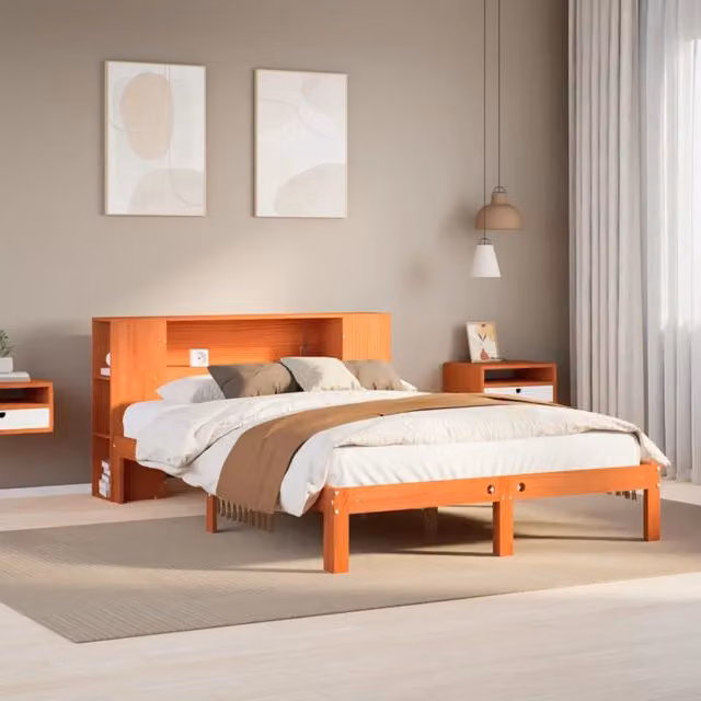 Letto Libreria senza Materasso Marrone Cera 140x200 cm in Pino 3322529