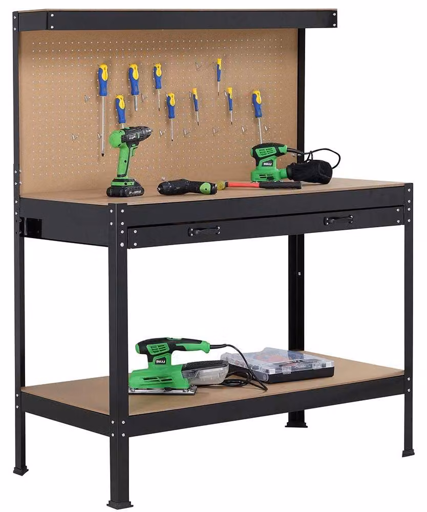Banco da lavoro con cassetto e ganci - 120 x 60 cm di piano di lavoro - legno MDF e acciaio verniciato a polvere - nero - ideale per officina e garage