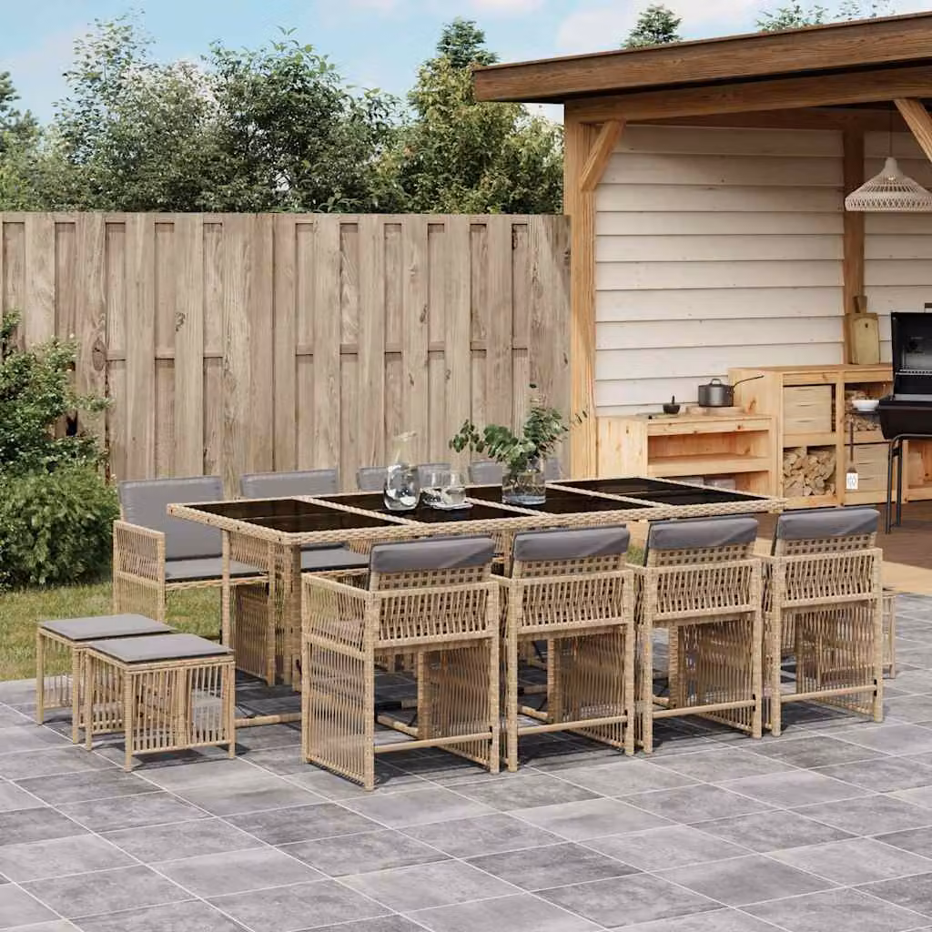 Set Pranzo da Giardino vidaXL in Polyrattan con Cuscini Beige e Grigio e Tavolo in Vetro 13 pz – 1