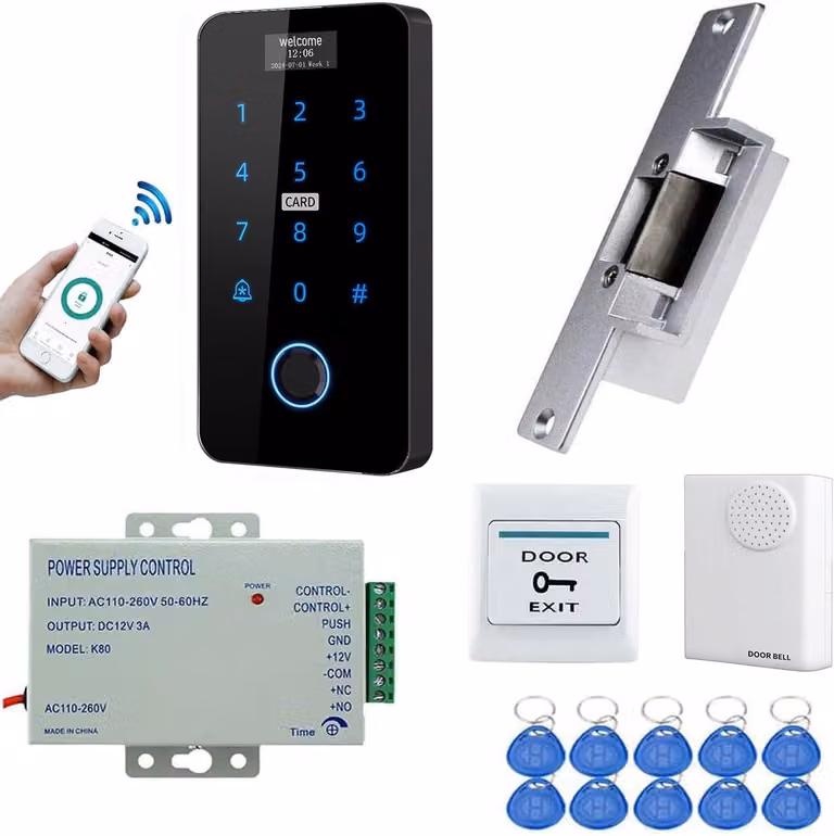 Sistema di controllo accessi Tuya WiFi, tastiera touchscreen con riconoscimento impronte digitali, display e serratura elettrica