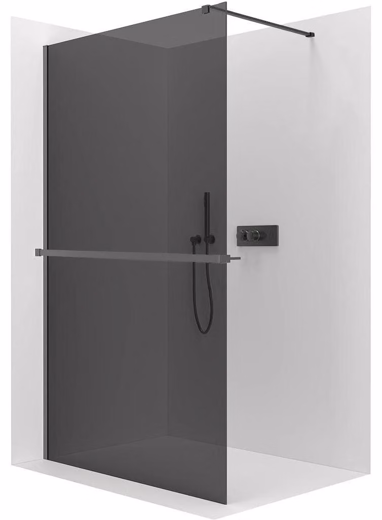 CERANO - Box doccia Walk-in Onyx Cube L/P - 10 mm - montante angolare + mensola/portasciugamani - nero opaco, vetro grafite - 140x200 cm