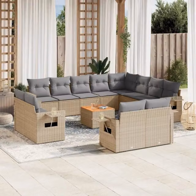 Set Divano da Giardino Moderno VIDAXL a Forma a U in Polyrattan Beige con 13 Pezzi e Cuscini – 1