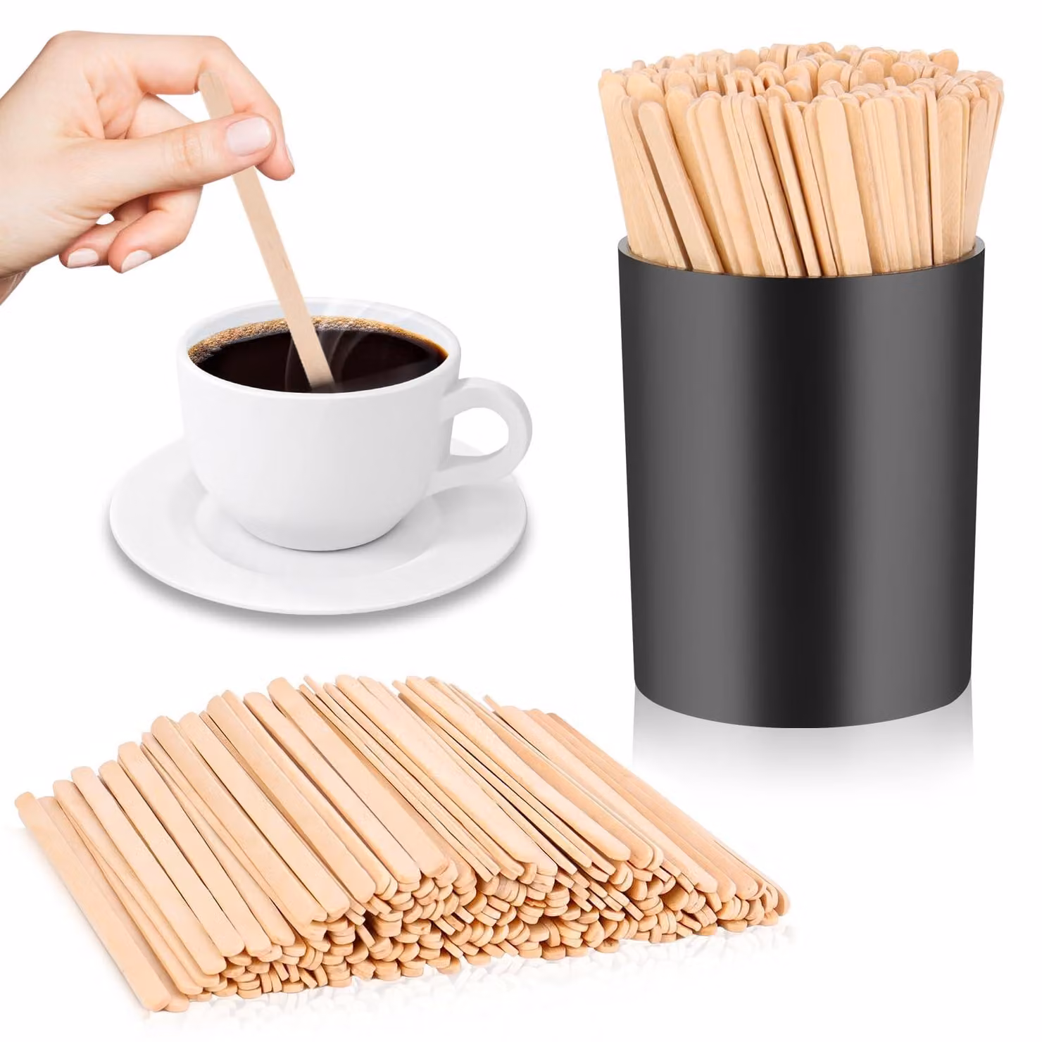 200 bastoncini di legno per mescolare, lunghezza 14 cm, con dispenser nero