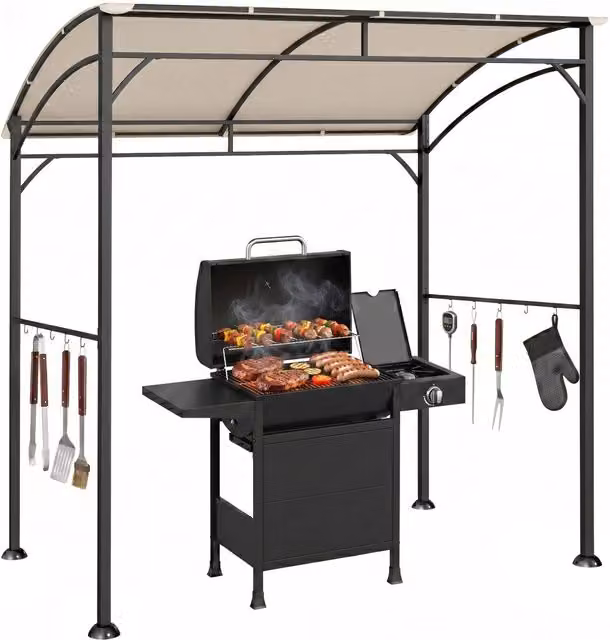 Gazebo per barbecue da giardino in acciaio, beige e nero, con ganci per utensili, robusto e pratico, 215 x 150 x 182/220 cm