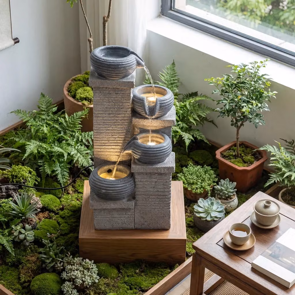 Fontana da giardino a cascata a 4 livelli in resina e vetro di colore grigio con 3 luci LED e pompa silenziosa a velocità regolabile – 2
