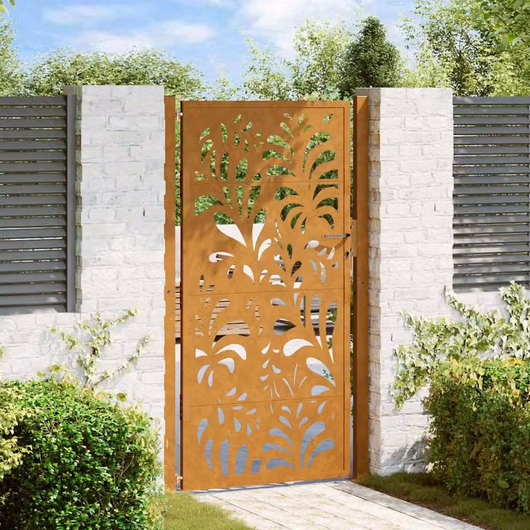 Cancello singolo da giardino vidaXL in acciaio corten marrone con design ondulato L: 110 cm, H: 205 cm