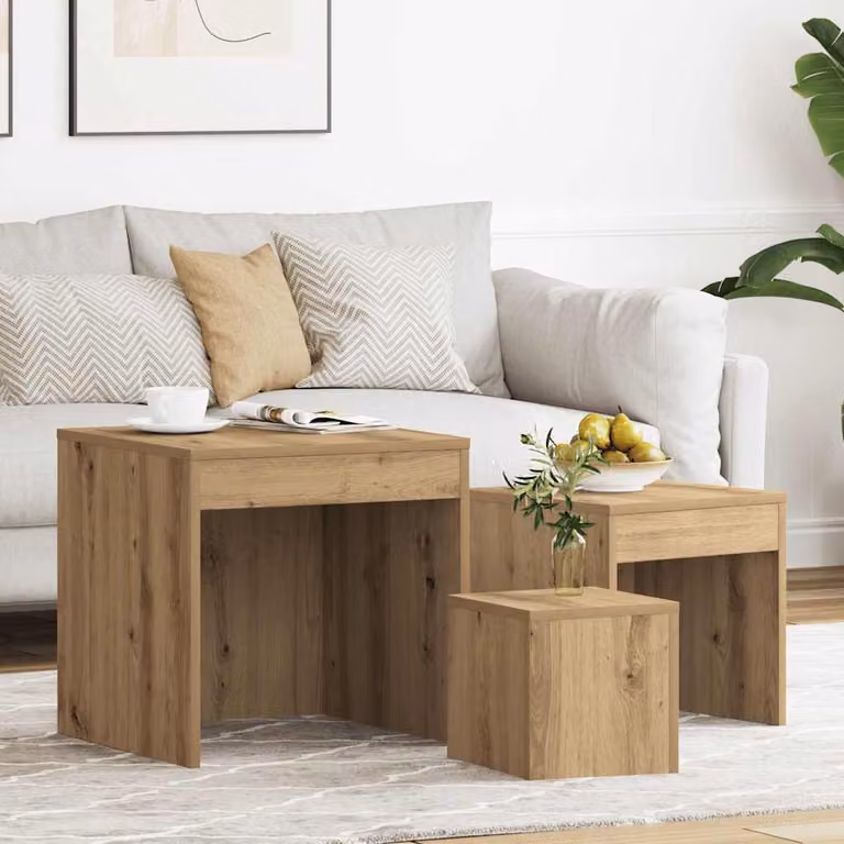 Set di 3 tavolini impilabili vidaXL in legno multistrato e MDF, design moderno, colore rovere, forma quadrata