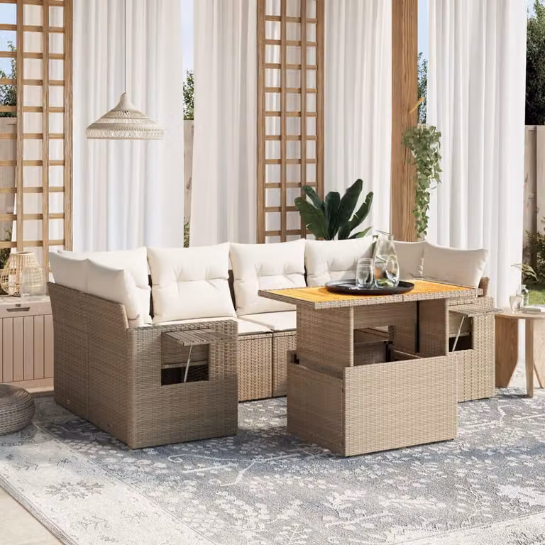 Set di divani da giardino vidaXL 7 pz in polyrattan beige con cuscini e tavolino da esterno a forma di L