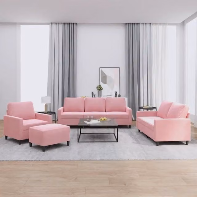 Set di divani 4 pezzi vidaXL in velluto rosa con pouf e cuscini per soggiorno moderno – 1