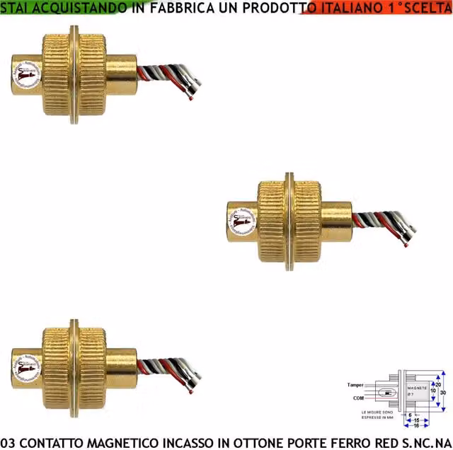 Set di 3 sensori magnetici a cilindro Securvera in ottone color oro per antifurto da incasso, rilevatore di posizione per porte blindate con campo 20 mm e protezione IP65