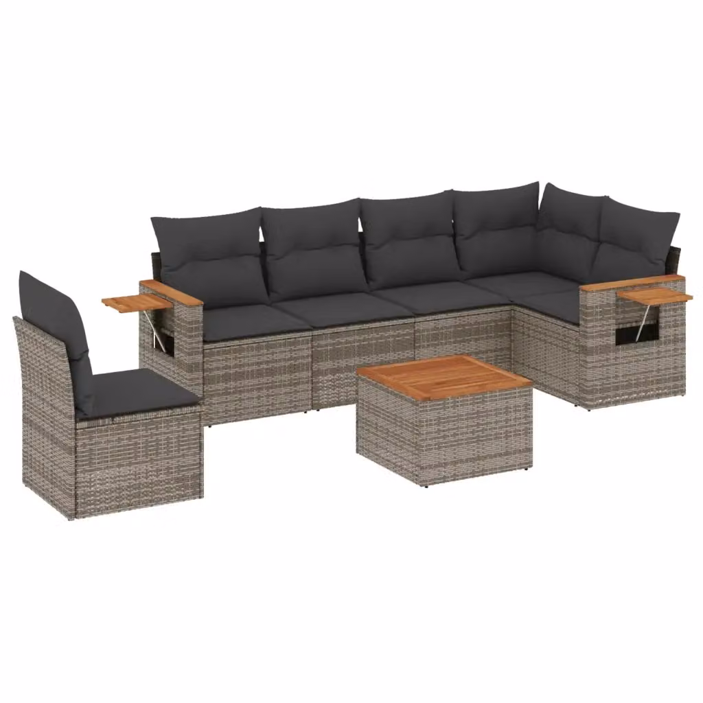 Set di divani da giardino vidaXL a forma di L composto da 7 pezzi con cuscini grigi in polyrattan e legno di acacia – 2