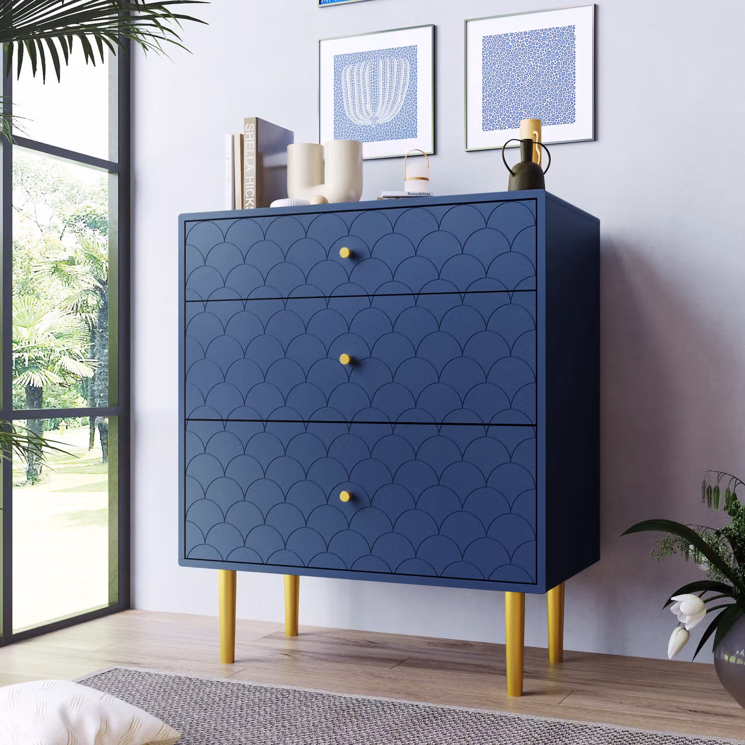 okwish cassettiera con 3 cassetti, cassettiera, blu scuro, H89/W75/H40 cm, credenza, lavagna per camere da letto e tutti i soggiorni