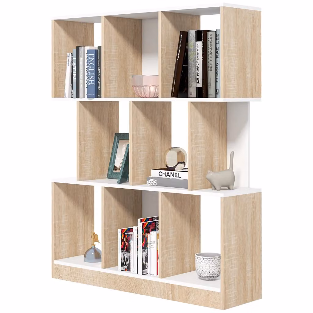 Libreria Minimal in Legno con 8 Ripiani, Rovere e Bianco, L 100 cm x P 27 cm x H 124 cm – 2
