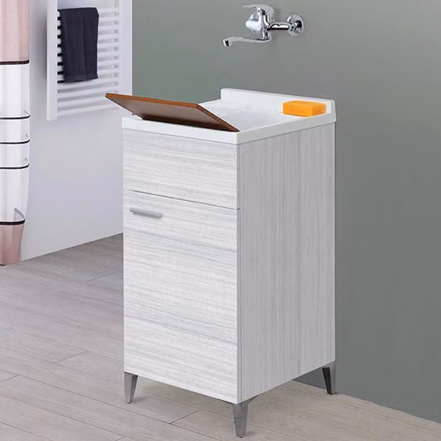 Mobile Lavatoio Koala Grigio con 1 Anta e Lavabo in Resina e Asse in Legno, Larghezza: 45 cm