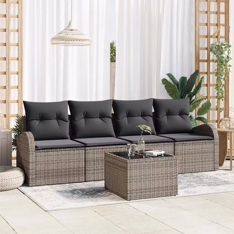 Set Divano da Giardino Moderno vidaXL Grigio con Cuscini e Tavolino, Struttura in Acciaio e Polyrattan, L/P/H: 55 x 55 x 37 cm