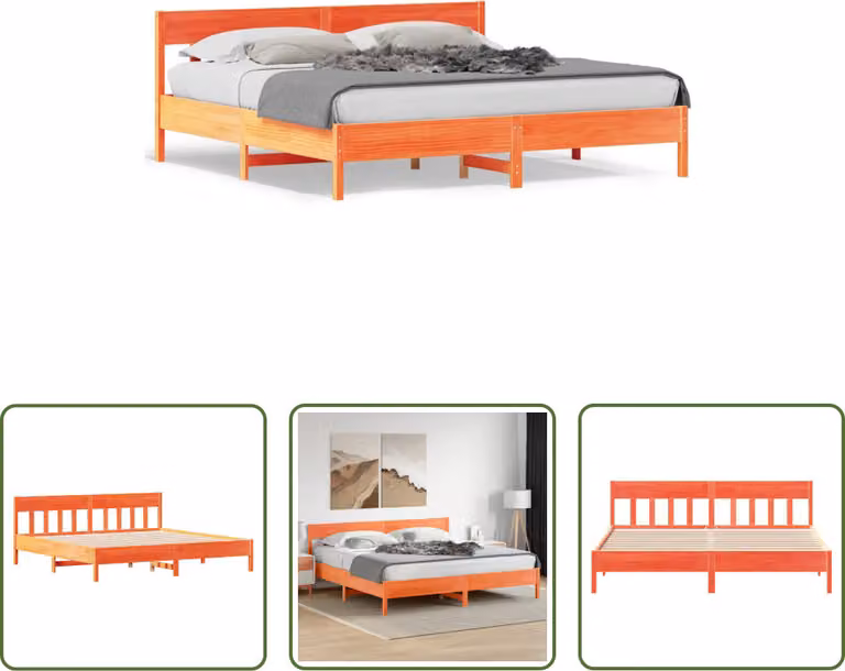 The Living Store Letto in legno massiccio con testiera marrone cera 200x200 cm pino