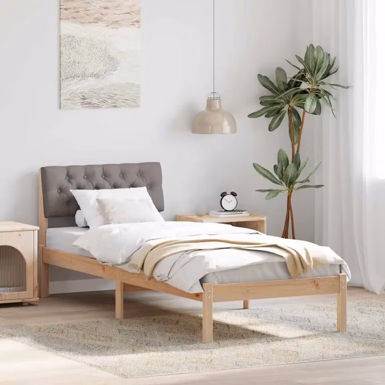 Struttura del letto moderna vidaXL in legno di pino con testiera imbottita, colori marrone, beige e grigio, L 80 x P 190 cm