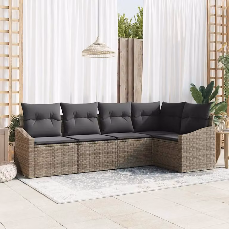 Set Divano da Giardino a L vidaXL in Polyrattan Grigio con Cuscini e Copertura Antipioggia