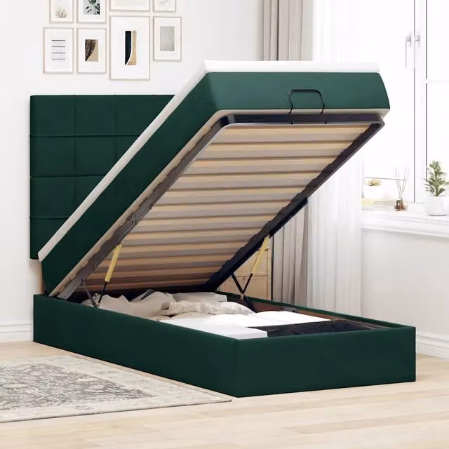 Struttura Letto con Pouf e Materasso vidaXL in Velluto, Base a Sollevamento, L/P/H: 200 x 80 x 140 cm, Colore Verde e Bianco – 1