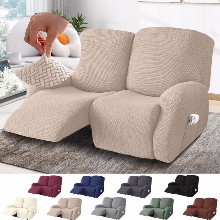 Copertura elastica per poltrona reclinabile con tasche, in tessuto jacquard, color tortora