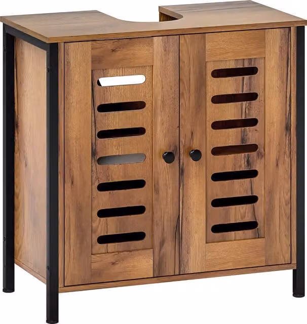 Mobile Sottolavabo HOMCOM con 2 Ante a Doghe e Chiusura Magnetica, Ripiano Regolabile, Marrone Rustico, L: 60 cm, P: 30 cm, H: 60 cm – 1