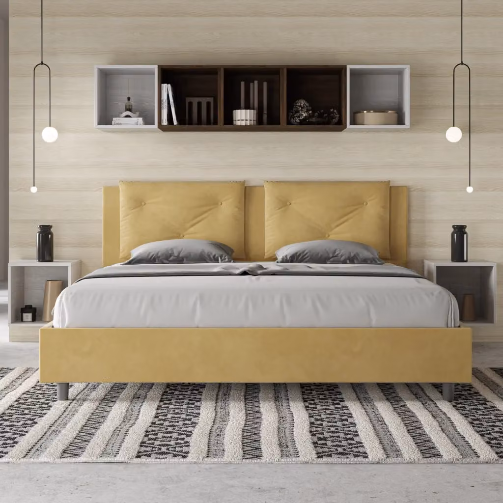 BS COM Letto matrimoniale king size imbottito in microfibra colore giallo L: 222 cm, P: 110 cm, H: 215 cm – 2