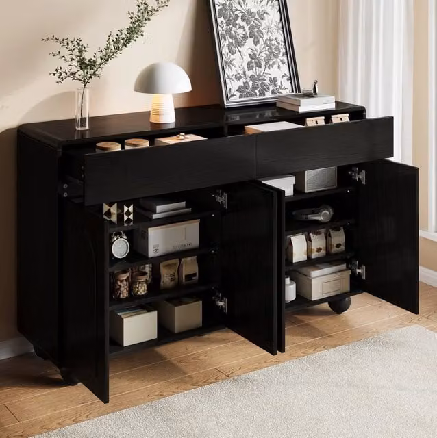Sideboard con ante curve in PB e MDF, 140x38x89 cm, nero, con 2 cassetti e piedi rotondi in metallo
