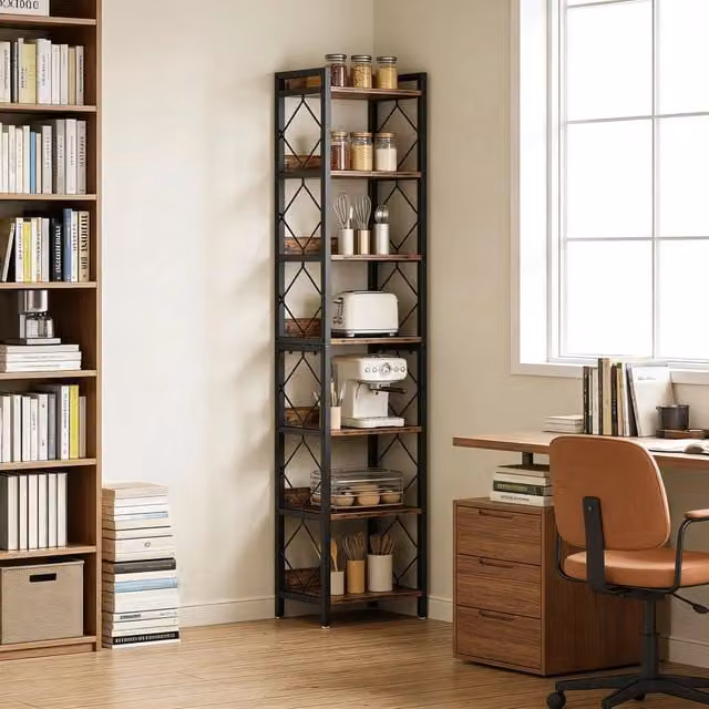 Libreria Angolare REDOM con 7 Ripiani in Metallo e Legno, Stile Rustico Geometrico, Nero/Marrone, L/P/H: 34 x 34 x 200 cm