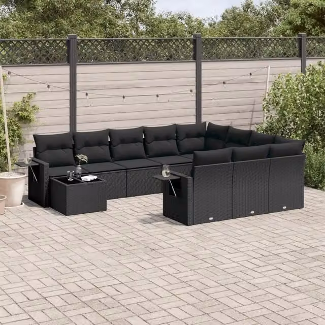 Set da giardino moderno vidaXL composto da 11 pezzi in polyrattan nero con cuscini inclusi e tavolino da caffè – 1