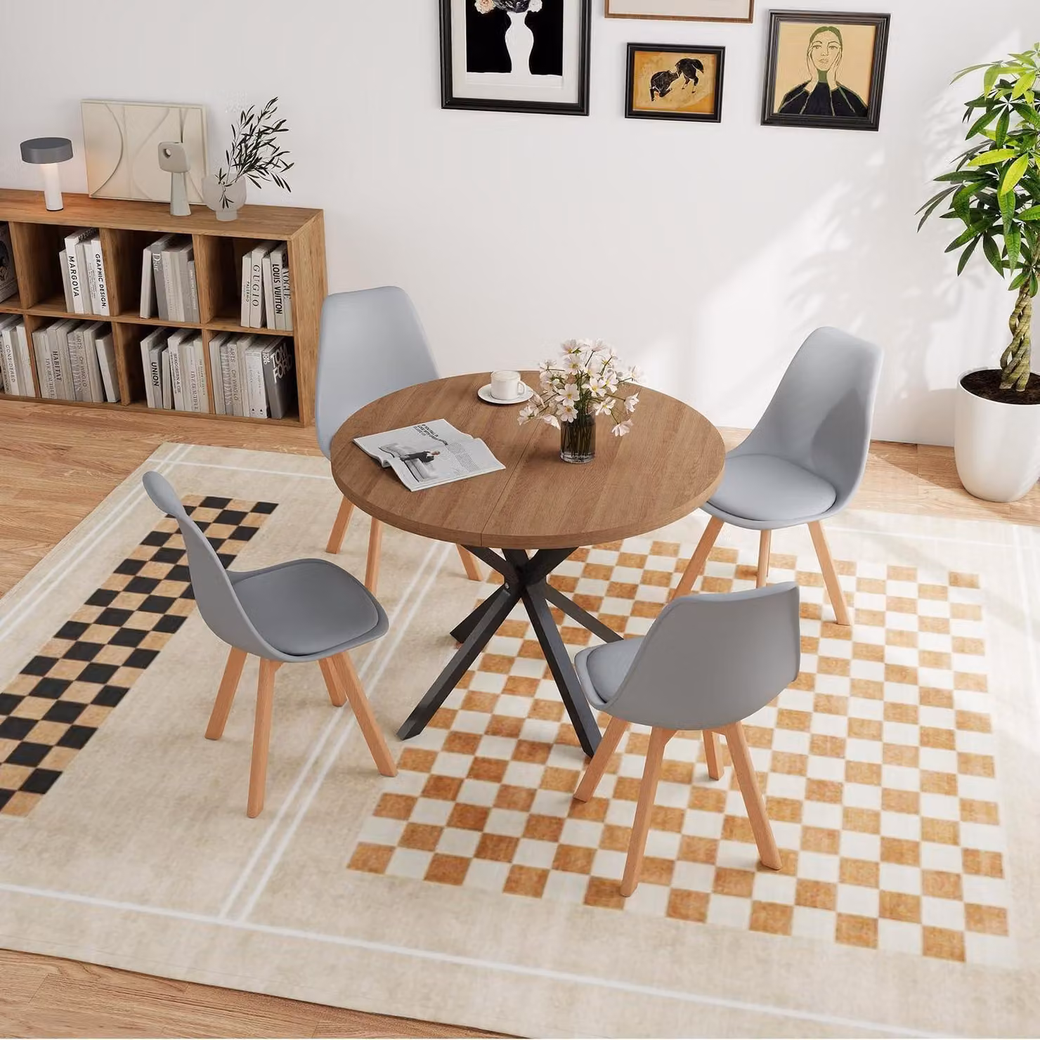 Set da pranzo composto da un tavolo rotondo in legno (diametro 100 cm) e 4 sedie, colore marrone scuro/grigio
