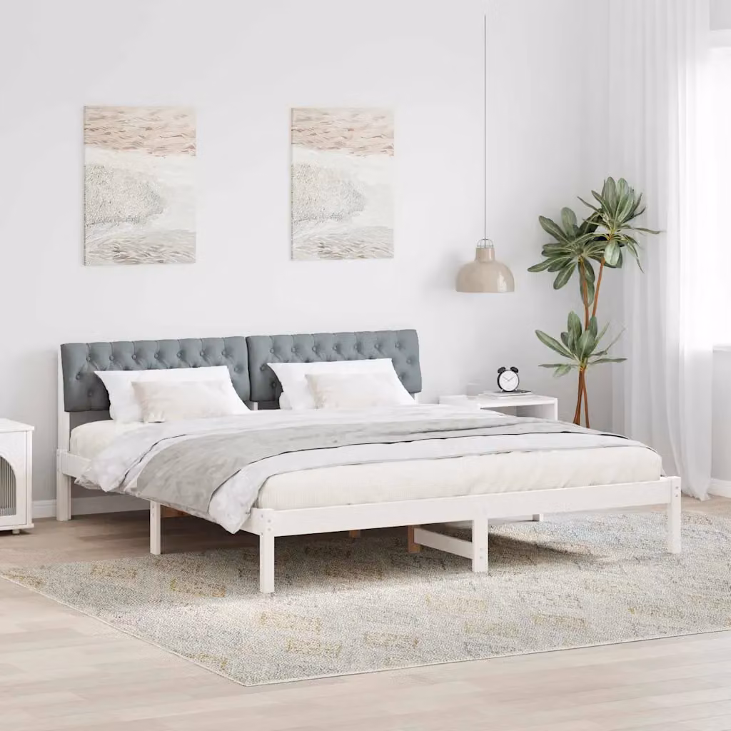 Struttura del letto moderna vidaXL in legno di pino e tessuto, Bianco e Grigio, 180 x 200 cm – 1