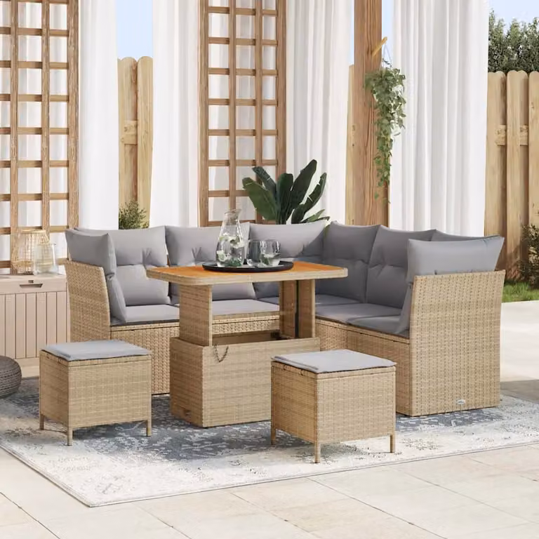 Set Divano da Giardino vidaXL 8 Pezzi a Forma di L con Tavolino e Cuscini, Beige e Grigio