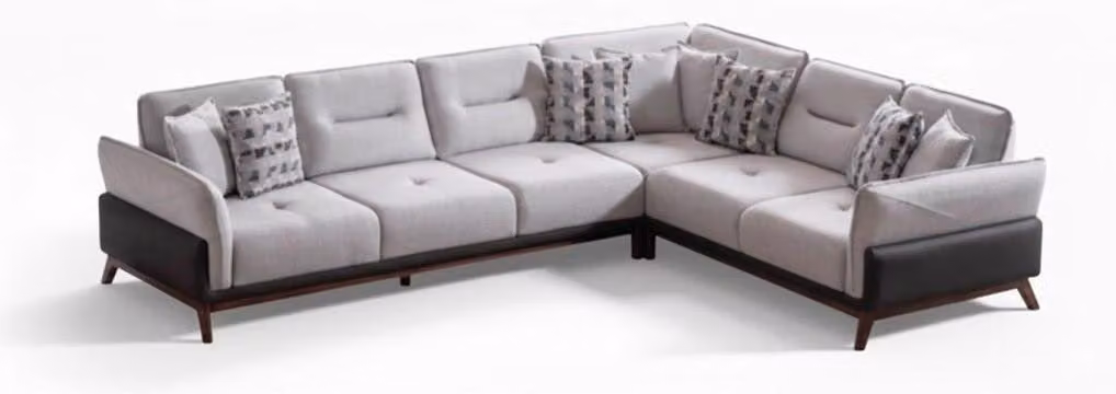 Divano ad angolo bianco, stile moderno, gambe in legno, morbidi braccioli, struttura in legno